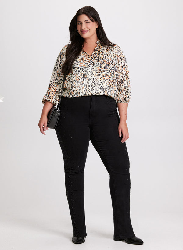 laura Abstract Animal Print Blouse & Rhinestone Detail Straight Leg Jeans