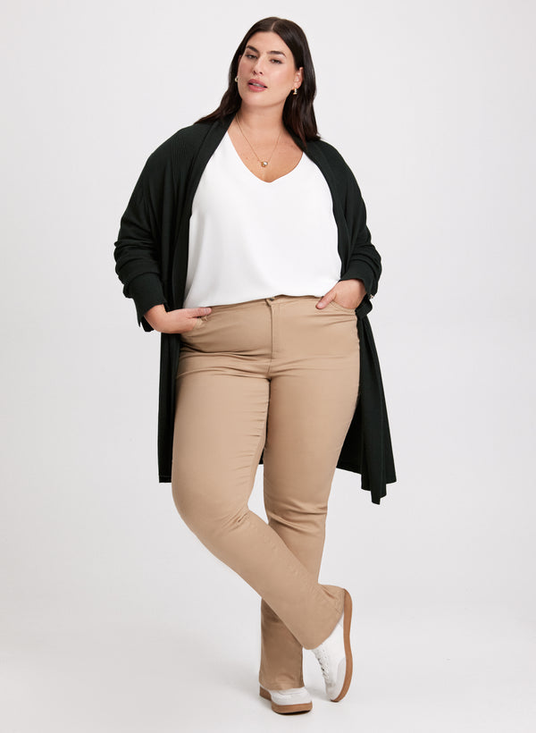 laura Button Detail Open-Front Cardigan & Coated Slim Leg Jeans