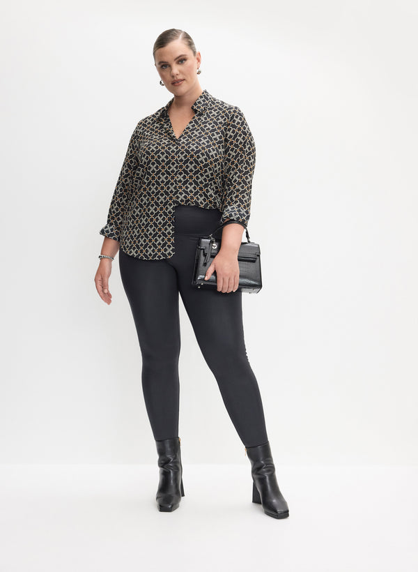 laura Geometric Print Crepe Blouse & Vegan Leather Leggings