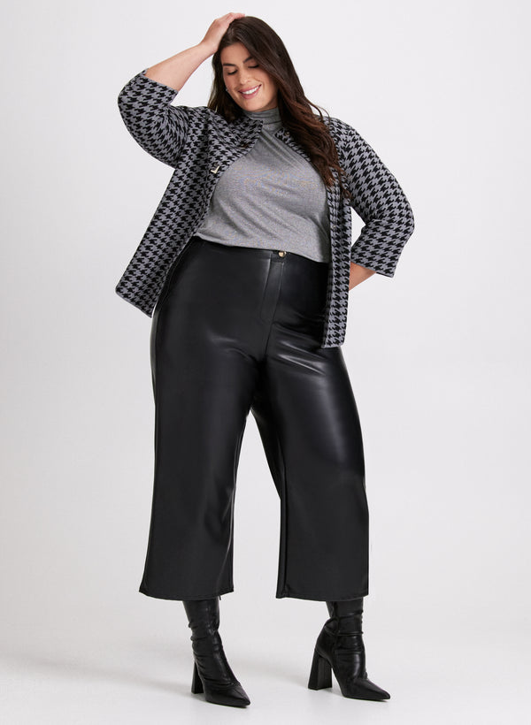 laura Houndstooth Cardigan & Vegan Leather Wide-Leg Pants