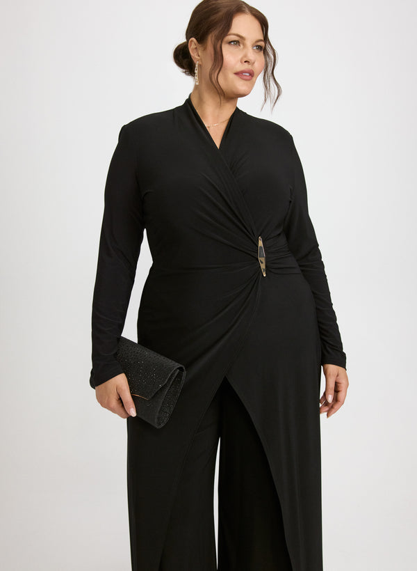 Laura Joseph Ribkoff - Brooch Fastened Faux-Wrap Jumpsuit