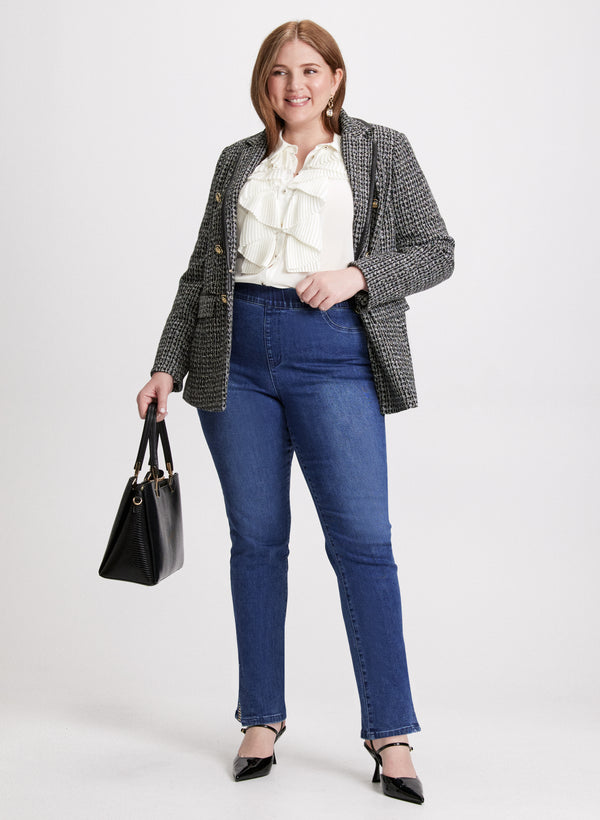 laura Knit Houndstooth Jacket & Embellished Slit Hem Jeans