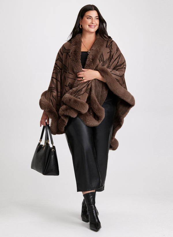 Laura Abstract Faux Fur Trim Poncho