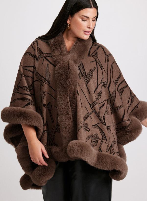 laura Abstract Faux Fur Trim Poncho