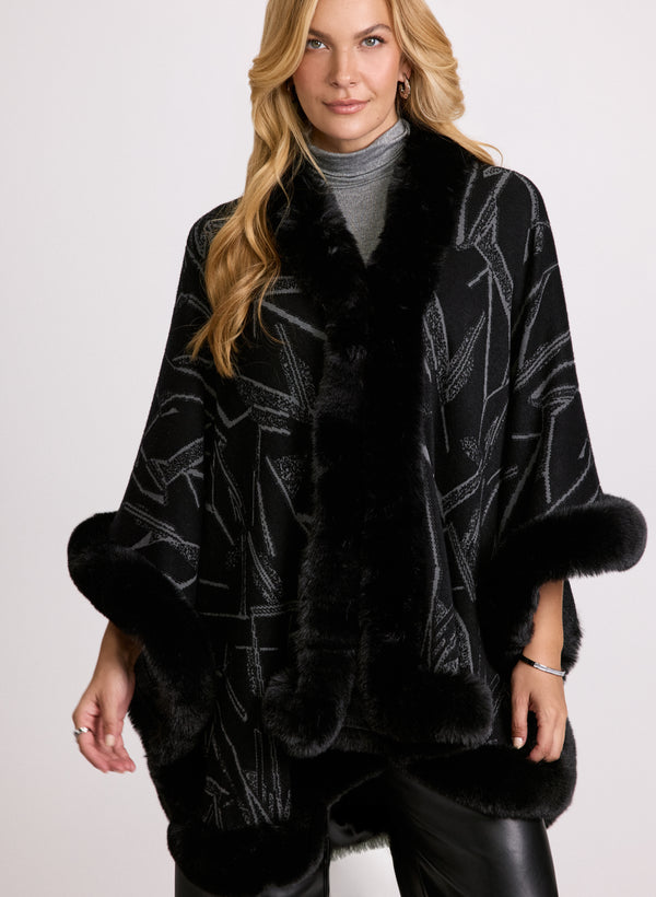 laura Abstract Faux Fur Trim Poncho