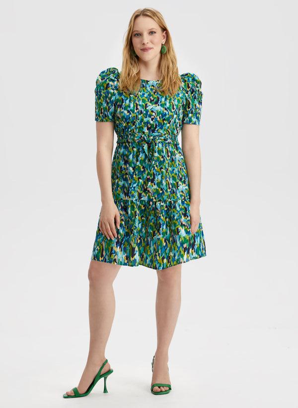 laura Abstract Print Puff Sleeve Dress