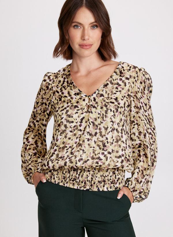 laura Abstract Print Smocked Waist Blouse