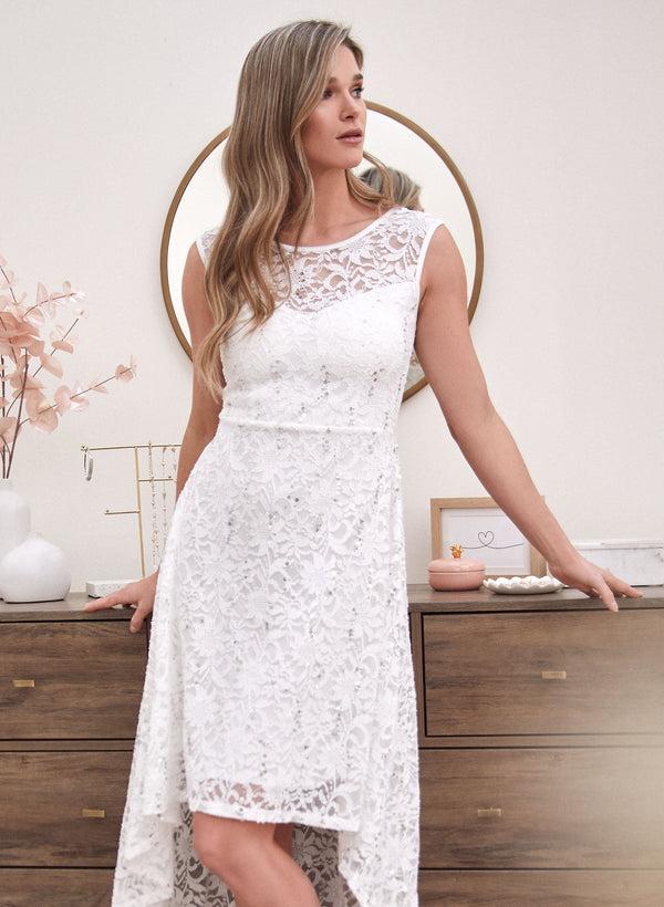 laura Asymmetric Lace Illusion Dress