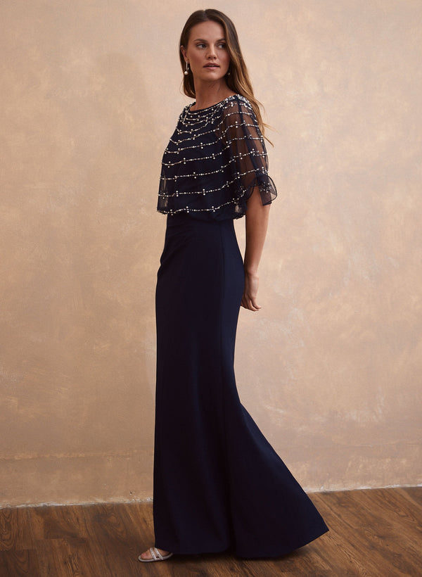 Laura Beaded Mesh Capelet Maxi Dress