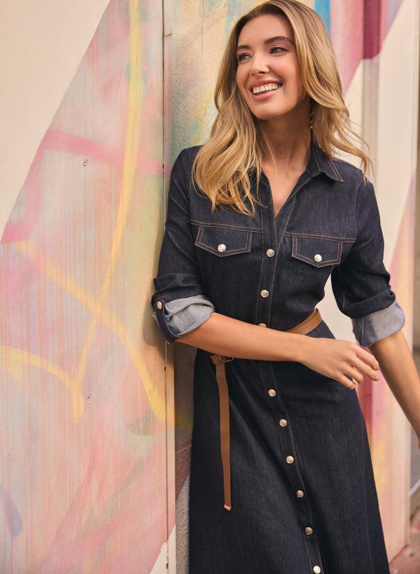 Laura Belted Denim Button-Down Midi Dress