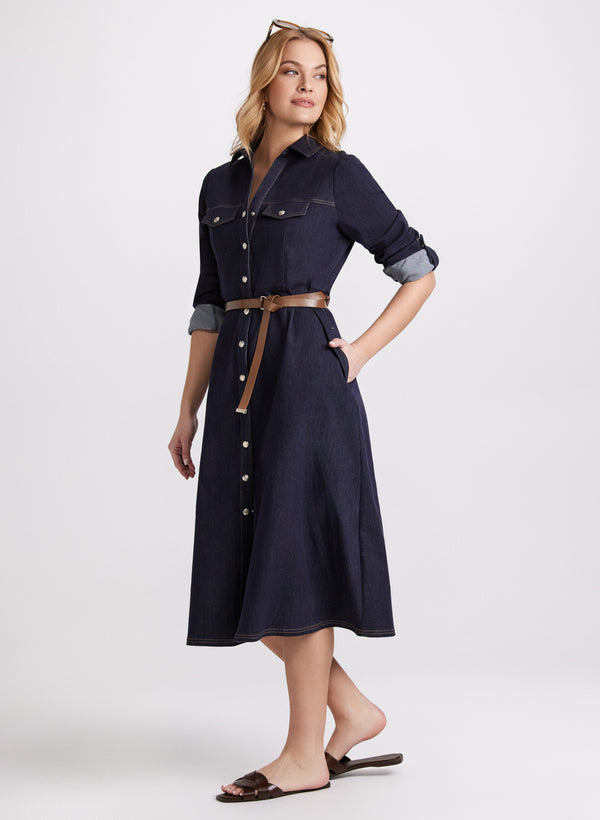 Laura Belted Denim Button-Down Midi Dress