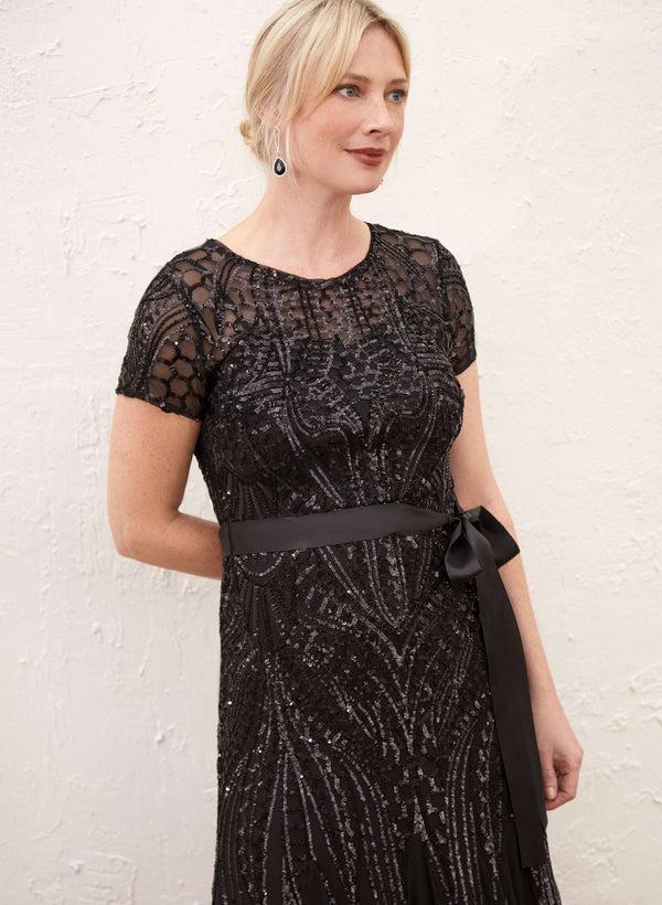 Laura Belted Sequin Mesh Dress