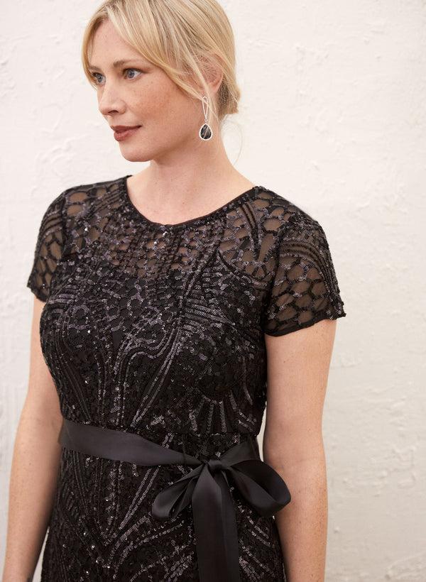 Laura Belted Sequin Mesh Dress