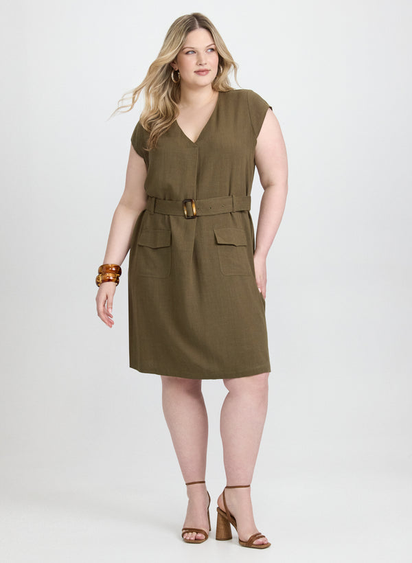 laura Belted Stretch Linen-Blend Dress