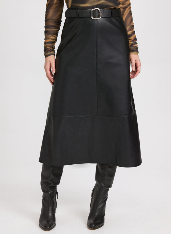 laura Belted Vegan Leather Skirt