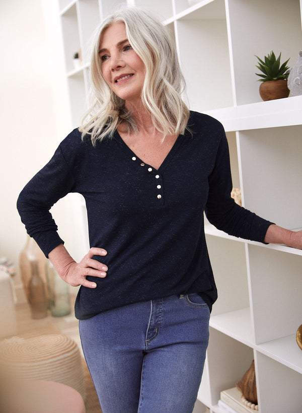 laura Button Detail V-Neck Top