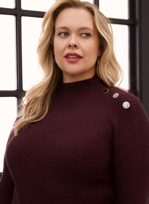 Laura Crystal Button Mock Neck Sweater