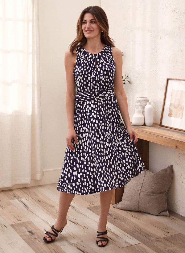 Laura Dot Print Keyhole Belted Dress