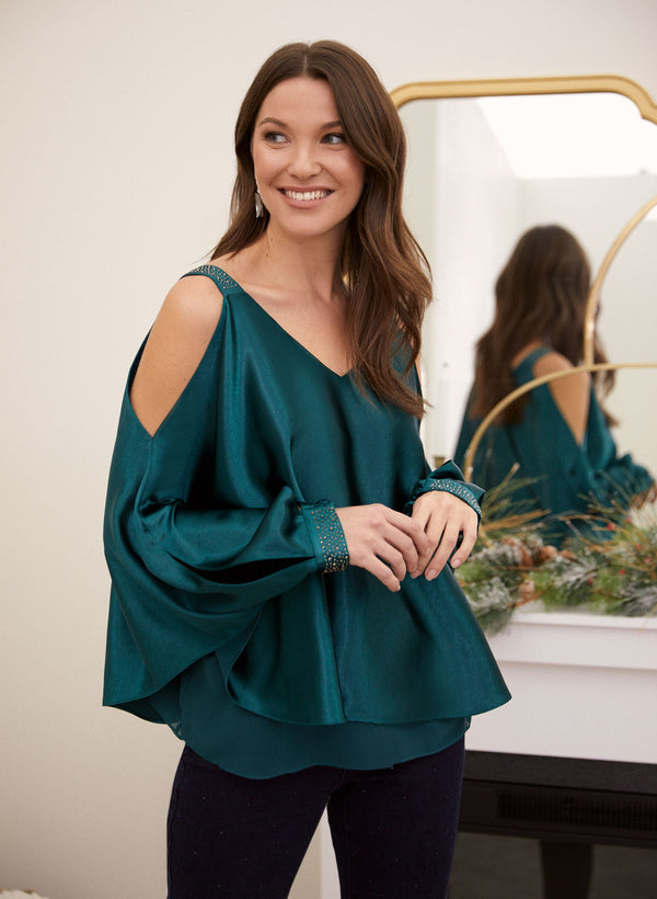 laura Embellished Satin Poncho Blouse