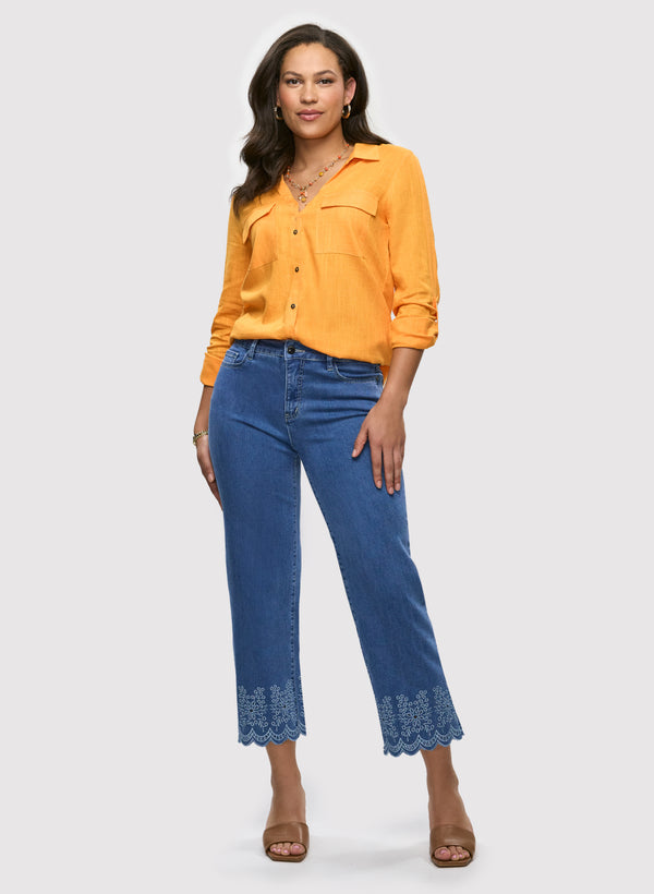 Laura Embroidered Hem Capri Jeans