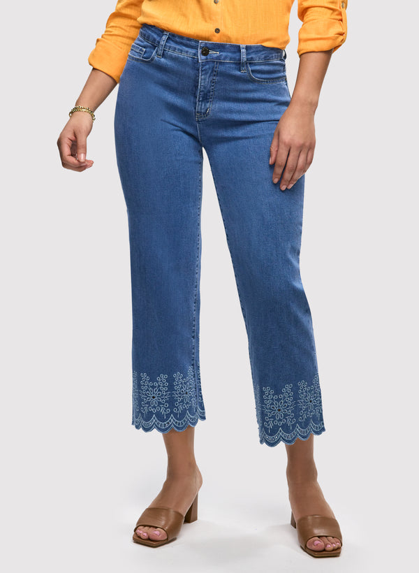 laura Embroidered Hem Capri Jeans