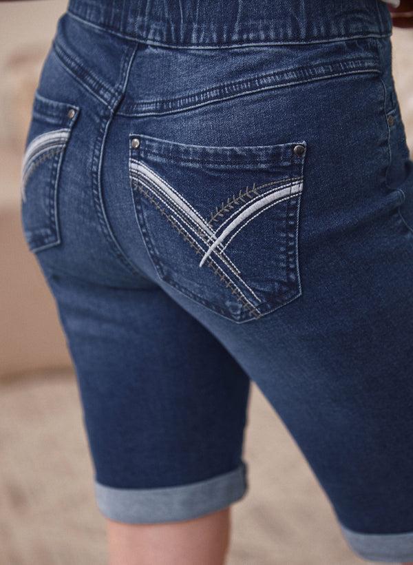 Laura Embroidered Pull-On Denim Shorts