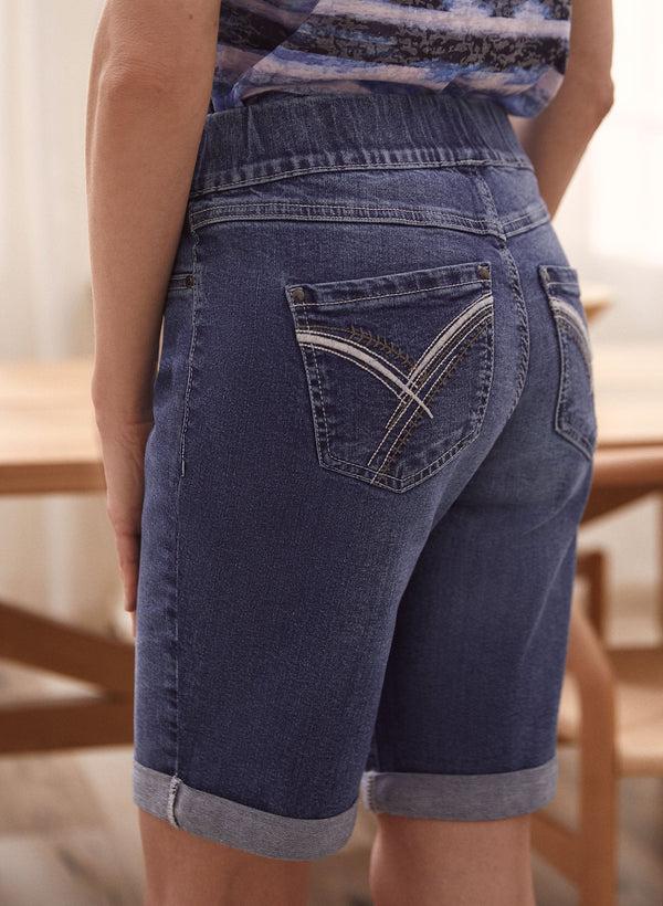 Laura Embroidered Pull-On Denim Shorts