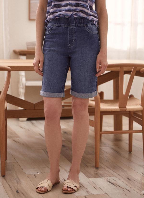 laura Embroidered Pull-On Denim Shorts