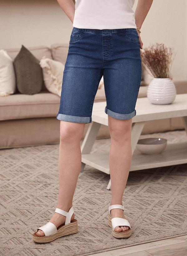 laura Embroidered Pull-On Denim Shorts