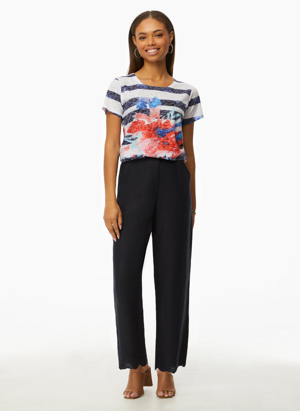 Laura Eyelet Trim Linen-Blend Pants