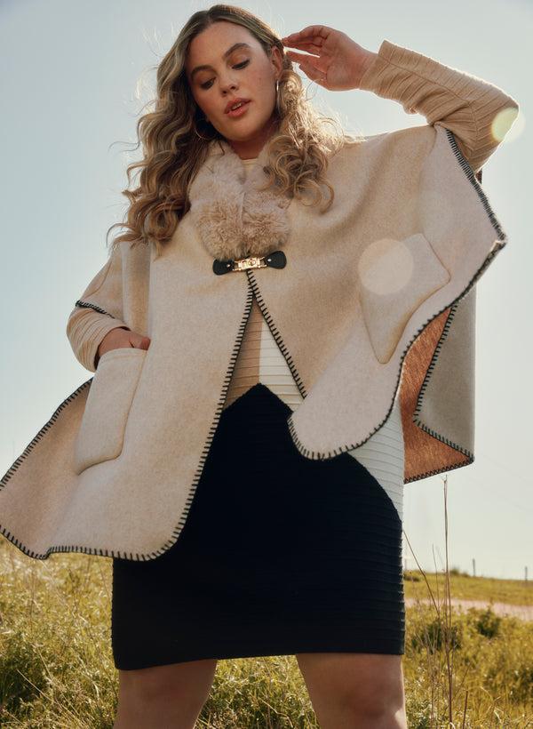 Laura Faux Fur Collar Poncho