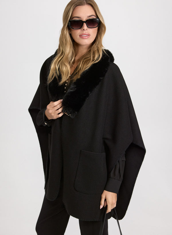 laura Faux Fur Collar Poncho