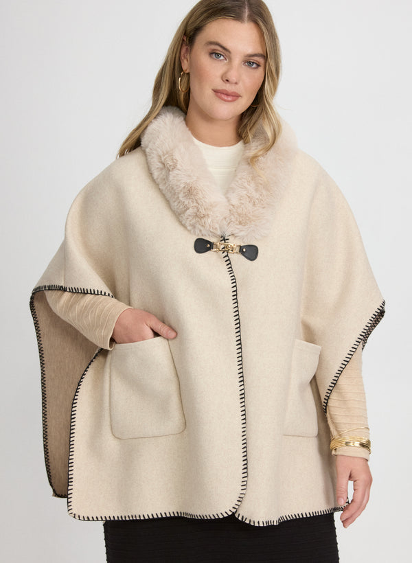 laura Faux Fur Collar Poncho
