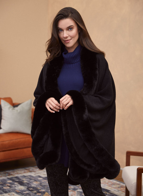 laura Faux Fur Trim Poncho