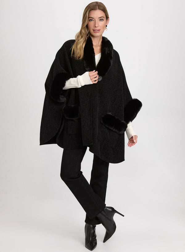 Laura Faux-Fur Trim Poncho