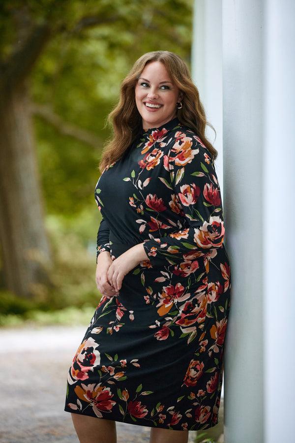 Laura Floral Placement Mock Neck Dress