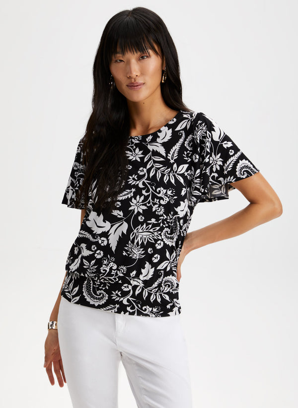 laura Floral Print Flutter Sleeve Top