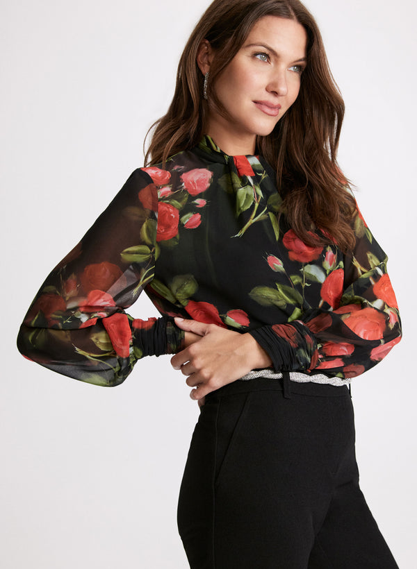 laura Floral Twist Mock Neck Blouse