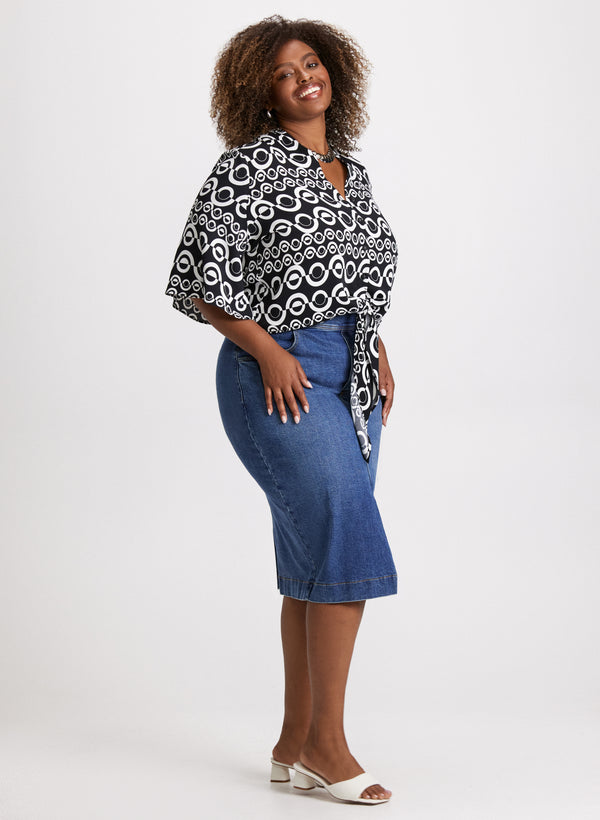 laura Geometric Print Blouse & Denim Pencil Skirt