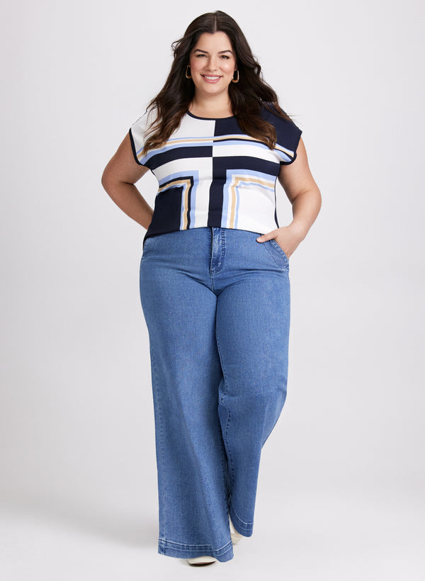 laura Geometric Print Top & Faded Wide-Leg Jeans