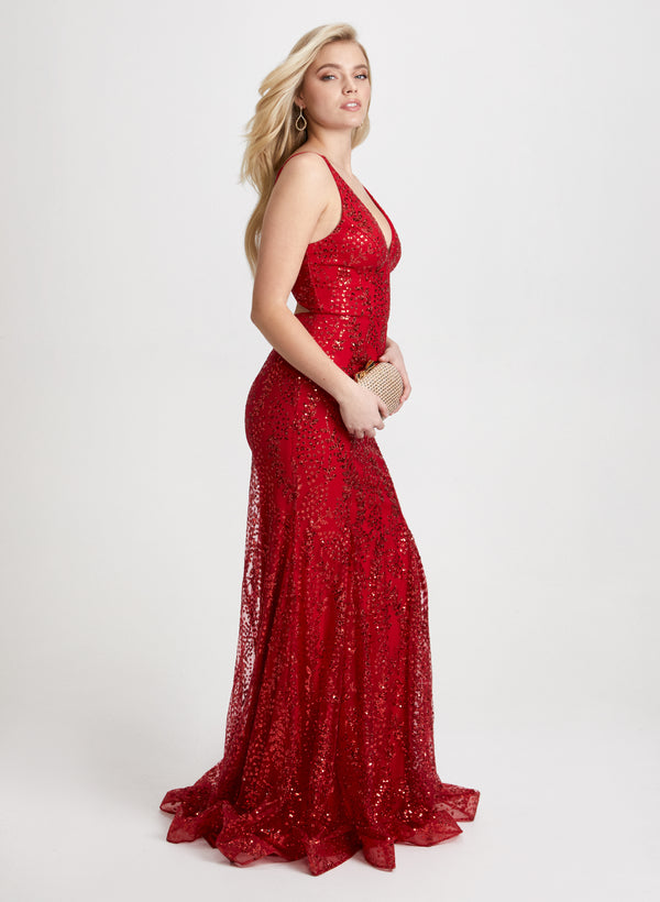 Laura Glitter Mesh V-Neck Gown