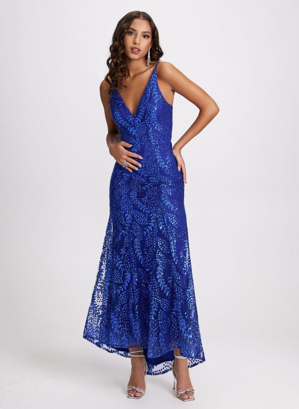 laura Glitter Mesh V-Neck Gown