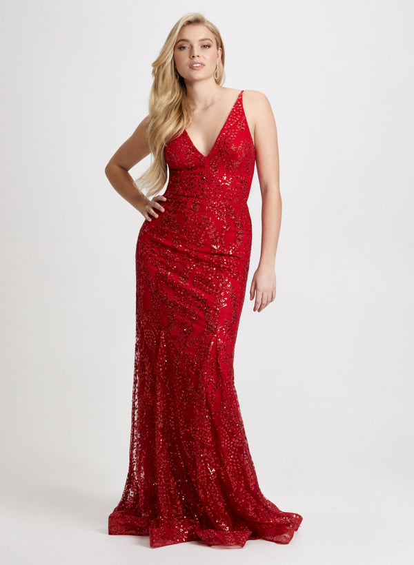 laura Glitter Mesh V-Neck Gown