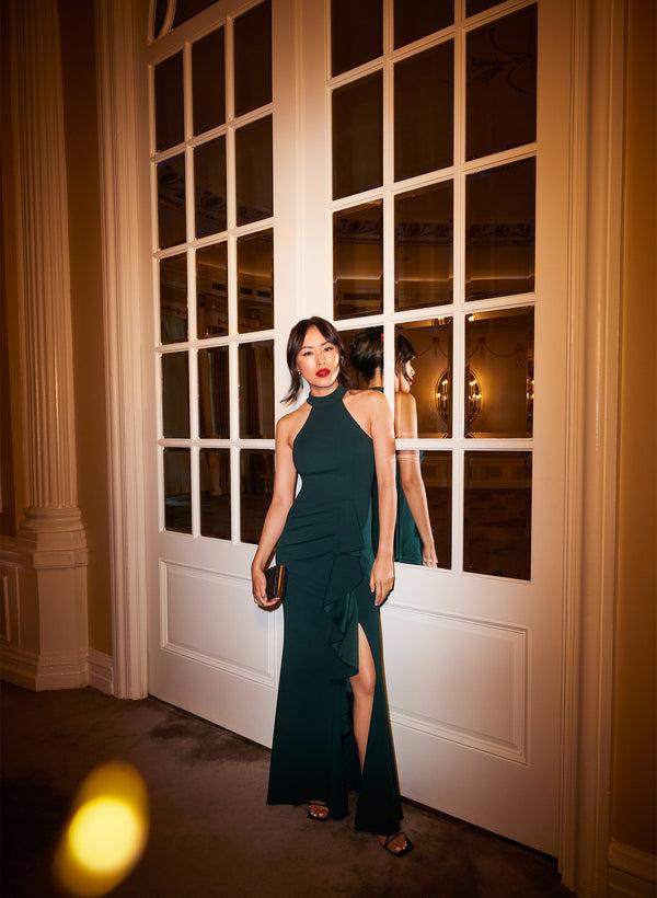 Laura Halter Mock Neck Ruffle Dress