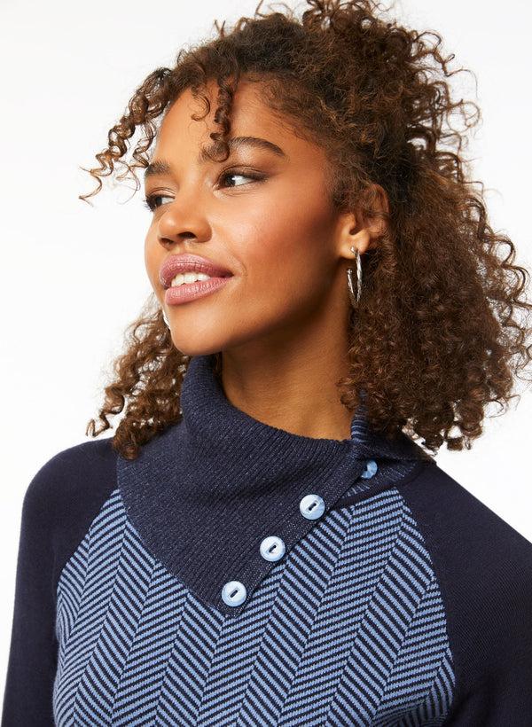 Laura Herringbone Motif Split Collar Sweater