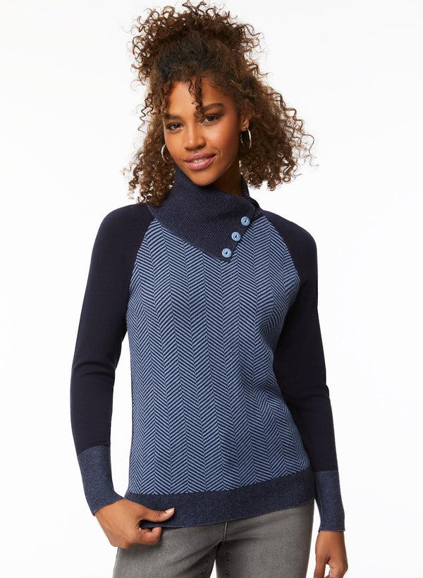 laura Herringbone Motif Split Collar Sweater