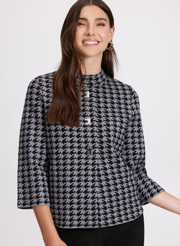 laura Houndstooth Print Mock Neck Cardigan