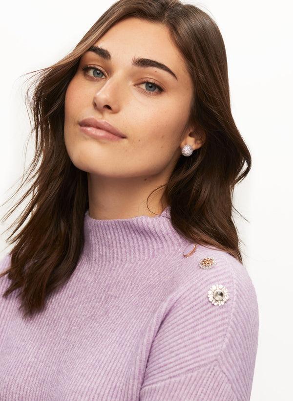 Laura Jewelled Button Mock Neck Sweater