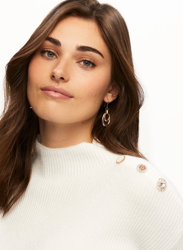 Laura Jewelled Button Mock Neck Sweater
