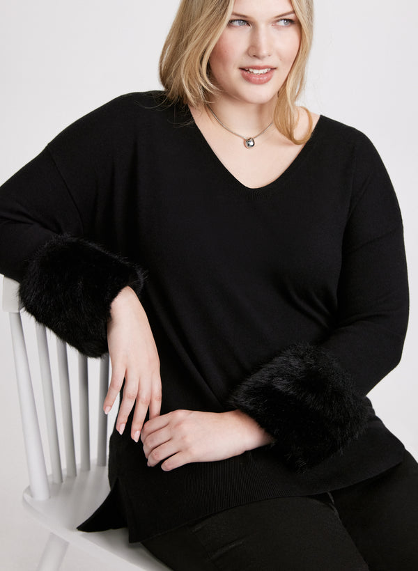 Laura Joseph Ribkoff - Faux-Fur Trim Knit Sweater